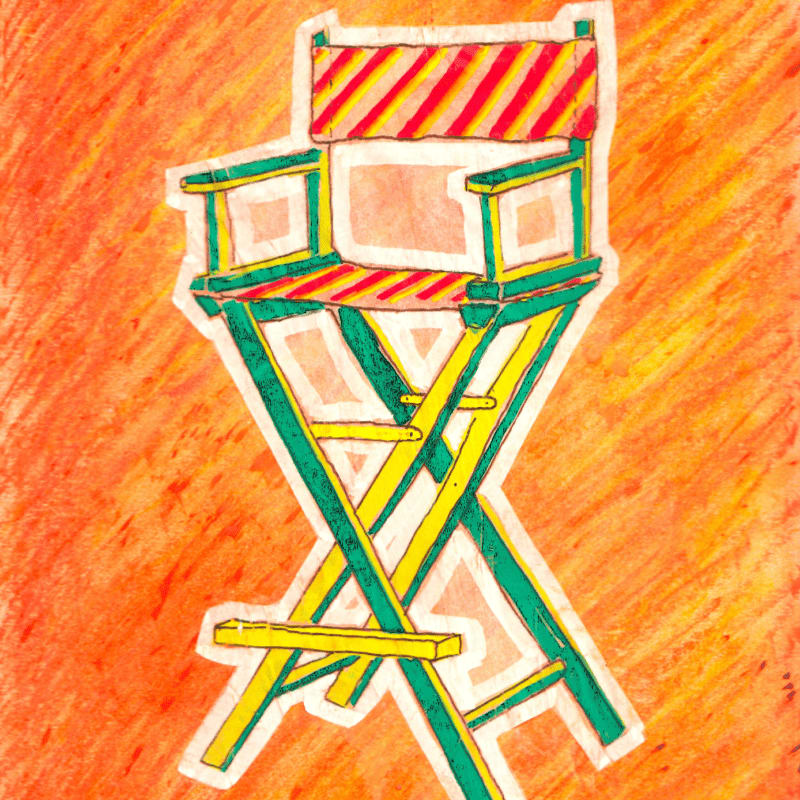 A colorful director's chair with red and yellow stripes sits in front of a textured orange background.