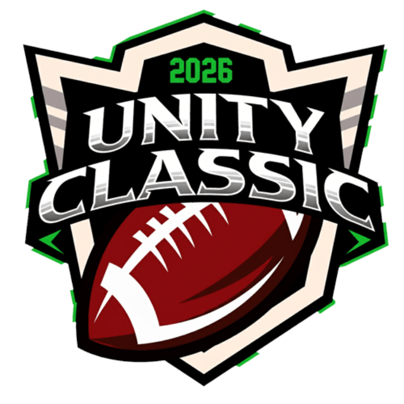 A red football with white laces is prominently displayed in the foreground, set against a shield-shaped logo with "2026 UNITY CLASSIC" written in bold lettering and outlined in green and white.