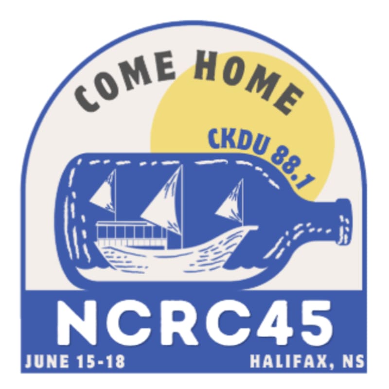 A blue bottle containing a sailing ship is in the foreground, with the words "COME HOME CKDU 88.1" and a yellow circle in the background.