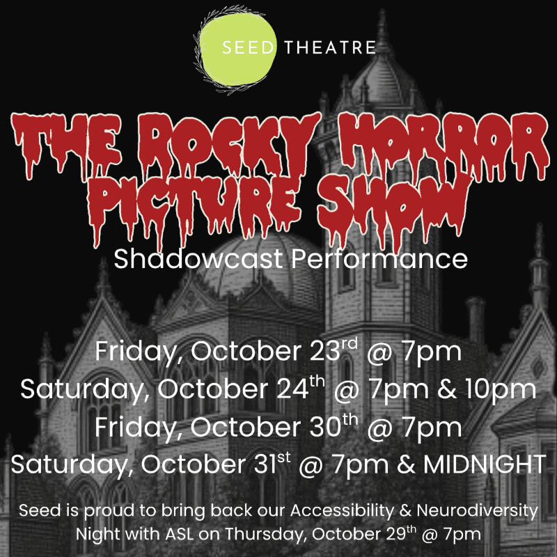 A spooky, gothic building with a dark, ominous sky serves as the backdrop for a poster advertising "The Rocky Horror Picture Show" shadowcast performance.