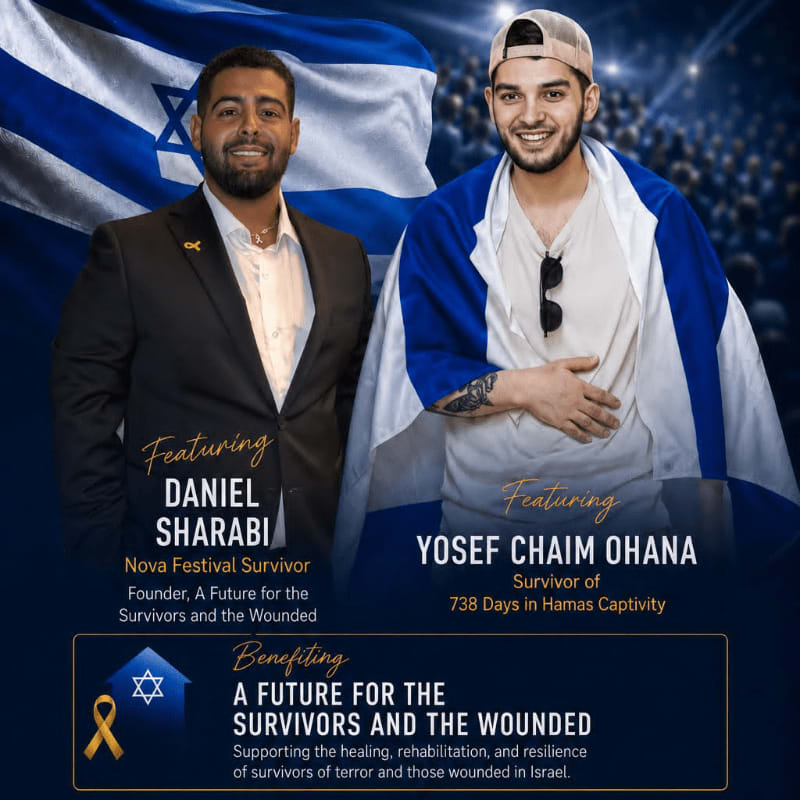 Two men, Daniel Sharabi and Yosef Chaim Ohana, are featured in the foreground against a backdrop of the Israeli flag and a crowd.