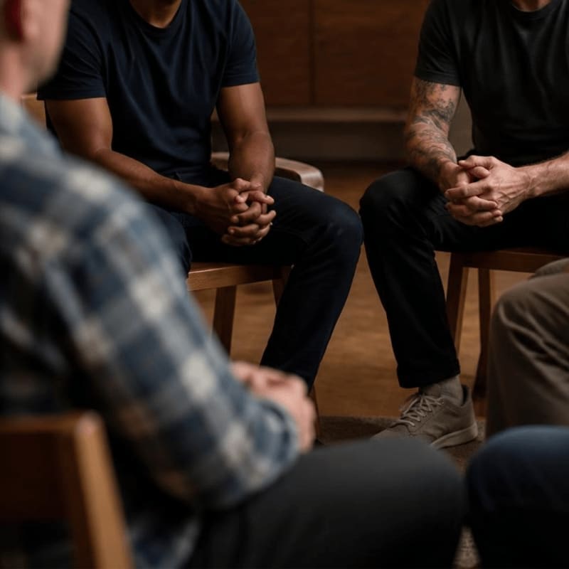 In the foreground, a man in a plaid shirt sits with his hands clasped, while in the background, other men in dark shirts sit in a circle.