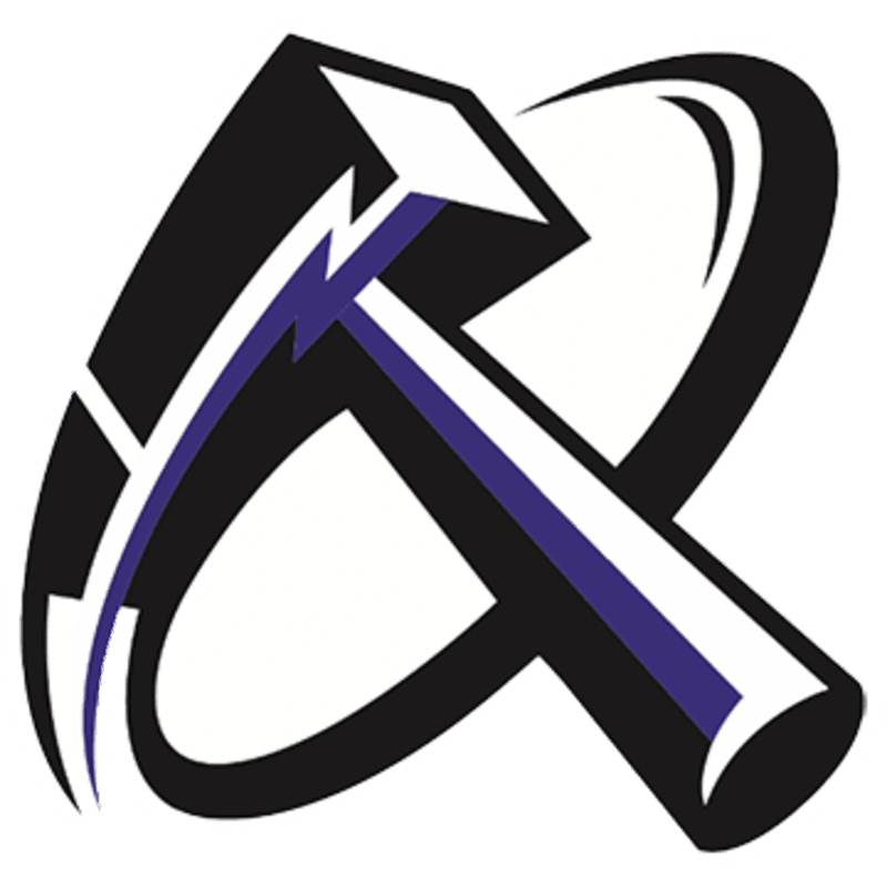 A black and white logo features a purple-striped pickaxe in the foreground, set against a swirling black and white background.