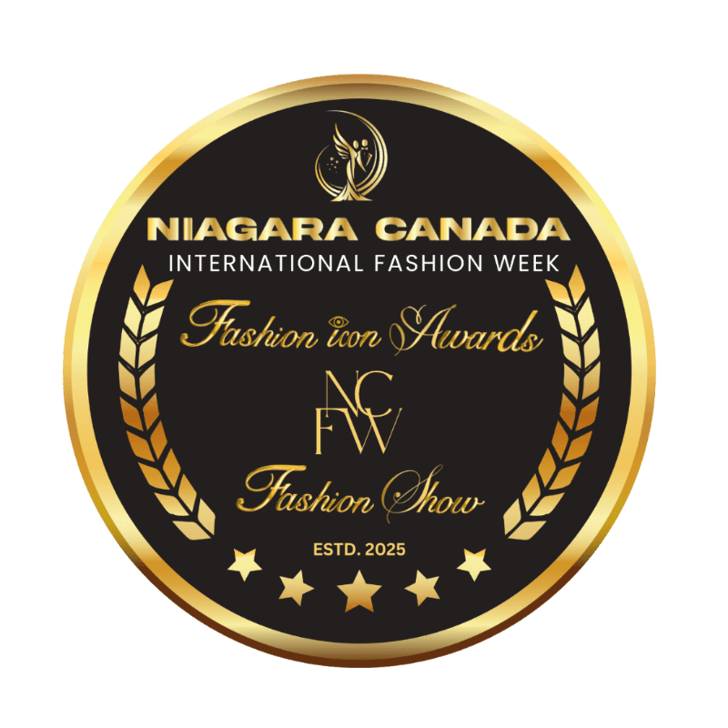 A circular black and gold emblem for Niagara Canada International Fashion Week features the text "Fashion Icon Awards" and "Fashion Show" in the foreground, set against a white background.