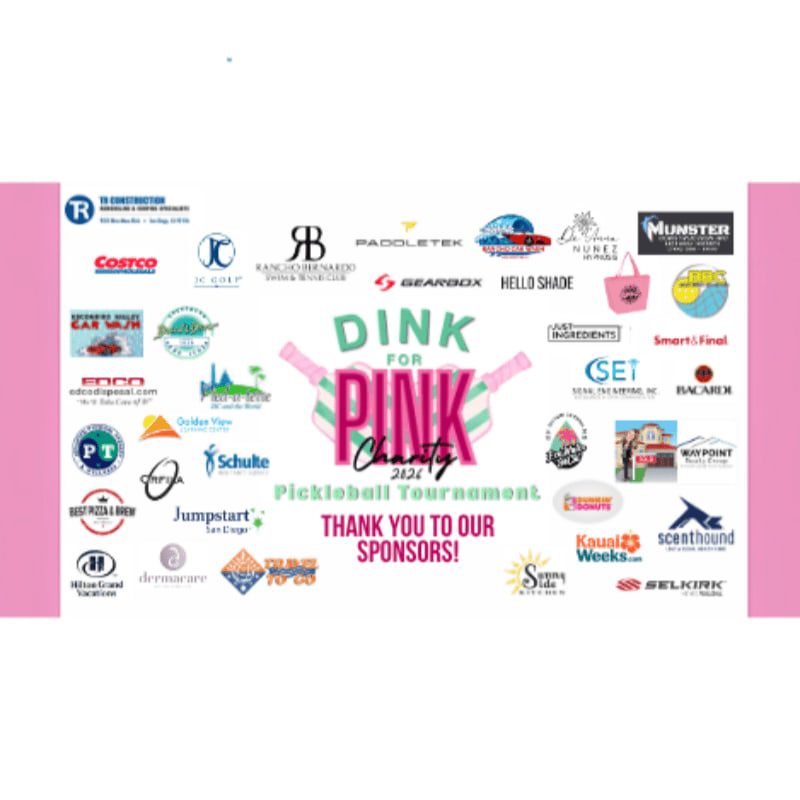 A pink banner with "Dink for Pink Charity Pickleball Tournament" and sponsor logos fills the foreground, set against a plain white background.
