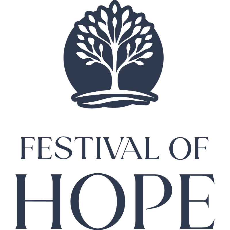 A dark blue tree with spreading branches sits atop a circular base in the foreground, with the words "FESTIVAL OF HOPE" written in dark blue capital letters below it against a white background.