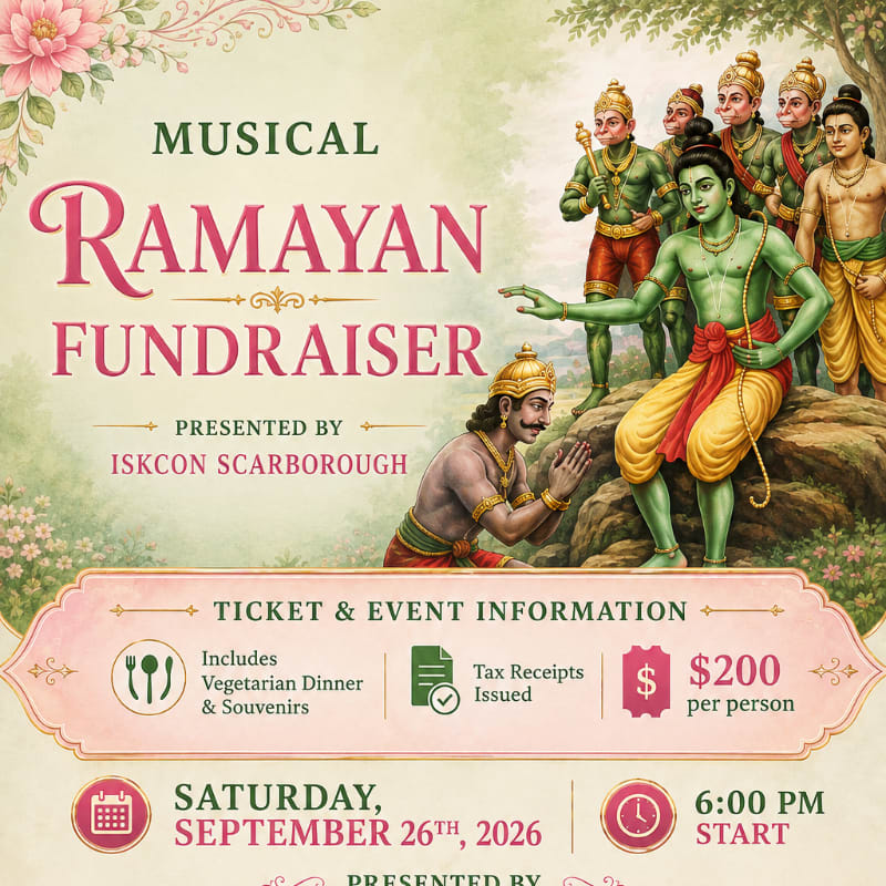 A musical Ramayan fundraiser poster features an illustration of Hindu deities in the background and ticket information in the foreground.