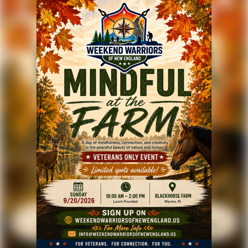 Autumn leaves frame a serene farm scene with a deer and horse in the foreground, advertising a "Mindful at the Farm" event for veterans.