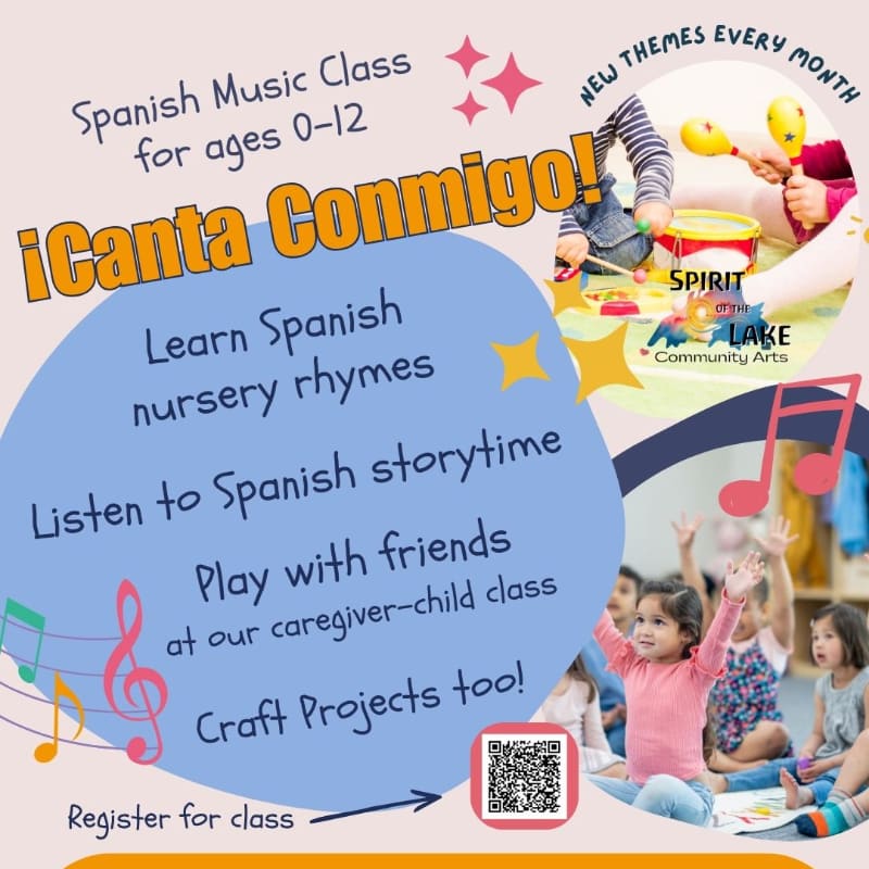 Children playing musical instruments in the background and a flyer advertising a Spanish music class in the foreground.