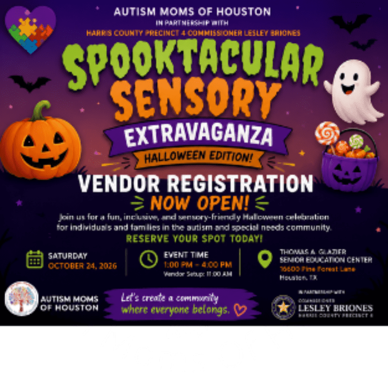 A Halloween-themed flyer for a "Spooktacular Sensory Extravaganza" by Autism Moms of Houston, featuring pumpkins, a ghost, and candy in the foreground, against a purple gradient background with bats and stars.