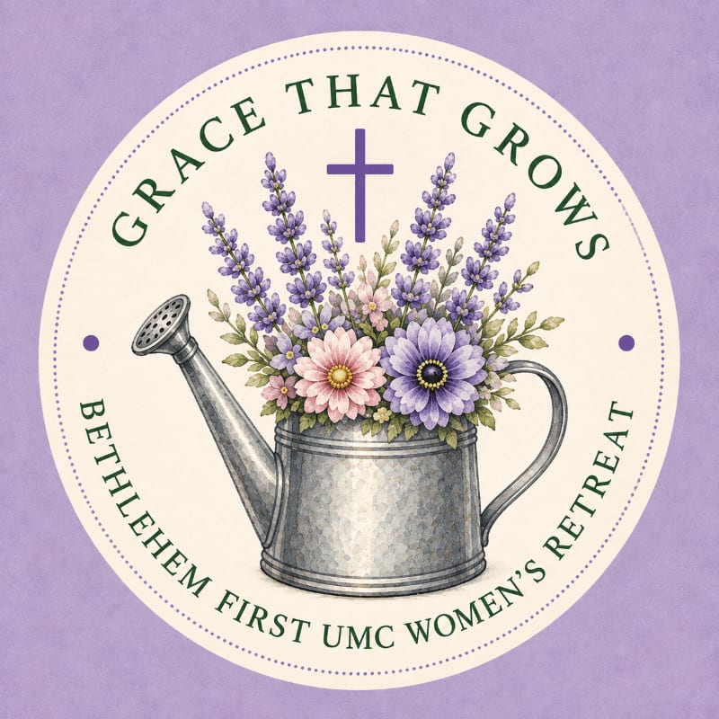A watering can overflows with colorful flowers and lavender in the foreground, set against a circular emblem with text and a purple cross in the background.