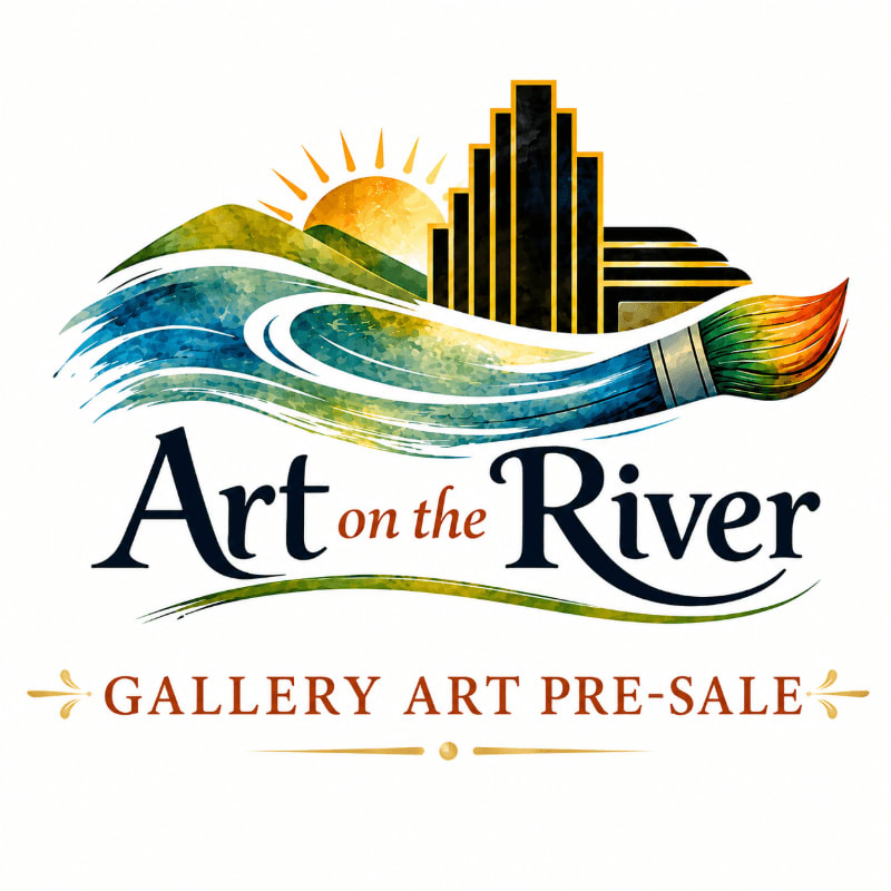 A paintbrush sweeps across a river with a city skyline and sunlit mountains in the background, beneath the text "Art on the River GALLERY ART PRE-SALE".