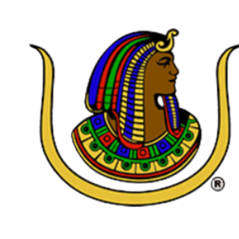 A colorful Egyptian headdress is framed by a golden U-shaped symbol against a white background.