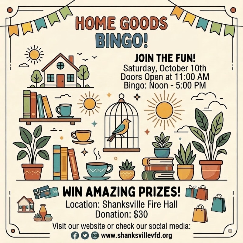 A whimsical illustration advertises "Home Goods Bingo" with colorful drawings of books, plants, a birdcage, and houses against a light background adorned with festive bunting.