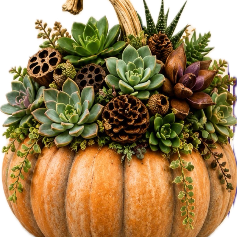 A carved pumpkin is filled with an assortment of succulents and dried natural elements, set against a plain white background.