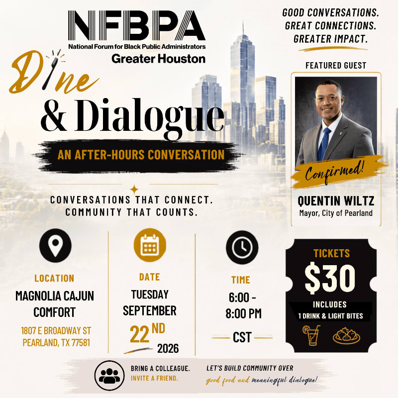 A poster for a "Dine & Dialogue" event hosted by NFBPA Greater Houston features a smiling man in a suit in the foreground, with a cityscape in the background.
