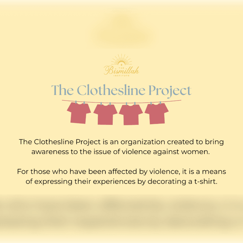Four pink t-shirts hang on a clothesline in the foreground, with text about The Clothesline Project and its mission against violence against women against a soft yellow background.
