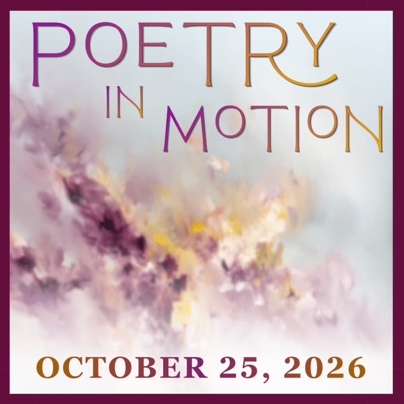 Abstract purple and yellow clouds fill the background behind the words "POETRY IN MOTION" in gradient lettering, with "OCTOBER 25, 2026" at the bottom.
