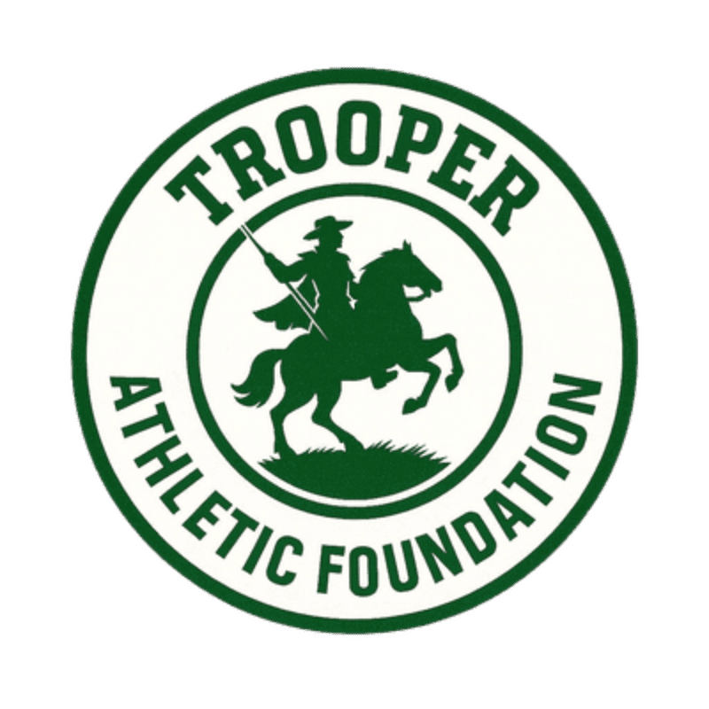A dark green silhouette of a cowboy on horseback is centered within a white circle, surrounded by a green ring with the words "TROOPER ATHLETIC FOUNDATION" in white lettering.