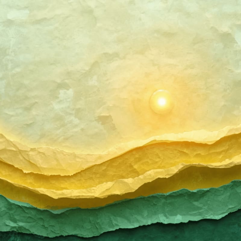 Textured layers of green and yellow hills recede into a soft, sunlit sky.