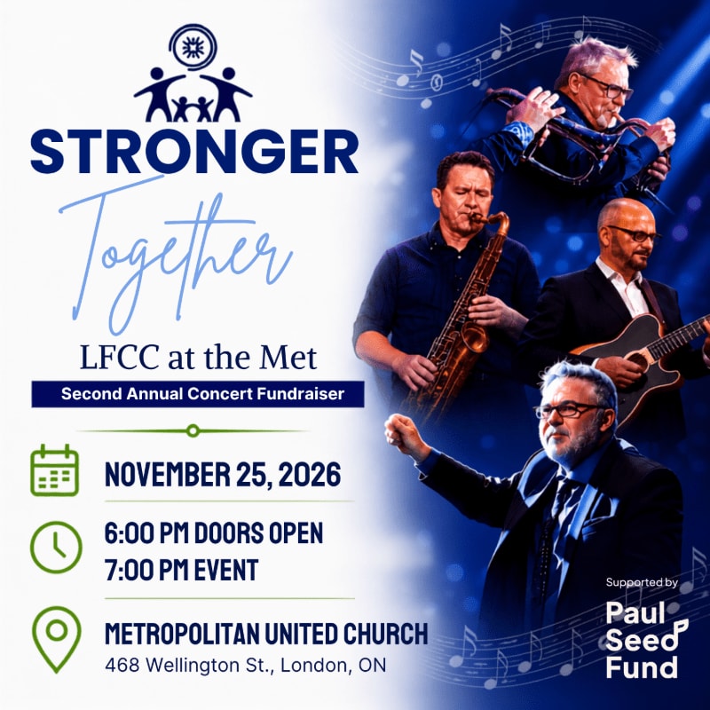A concert poster for "Stronger Together" at LFCC at the Met on November 25, 2026, features a band playing instruments in the background and event details on the left.