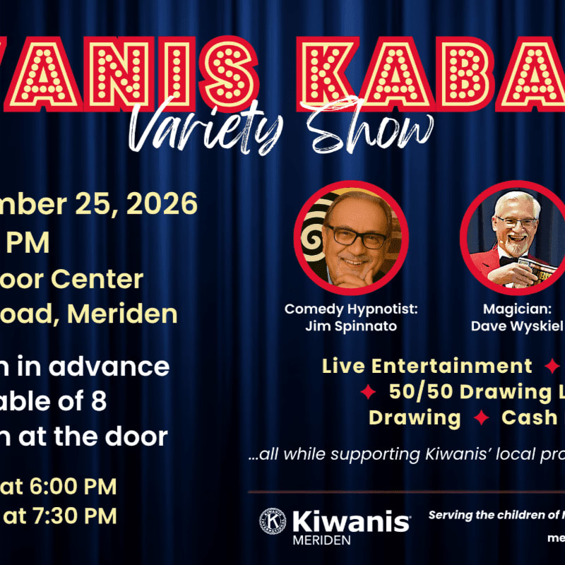 A blue curtain background frames a poster for a Kiwanis Kabaret Variety Show featuring a comedy hypnotist and a magician, with event details listed on the left.