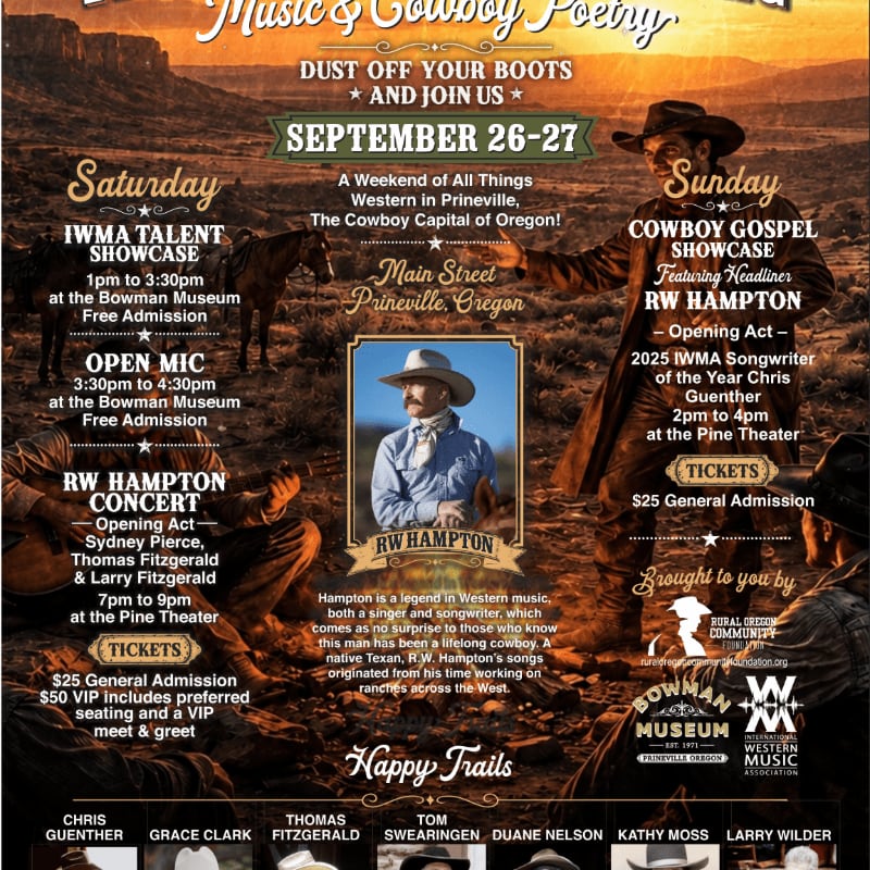 A poster advertises a "Music & Cowboy Poetry" event in Prineville, Oregon, featuring RW Hampton and other performers, with a background of a sunset over a desert landscape.