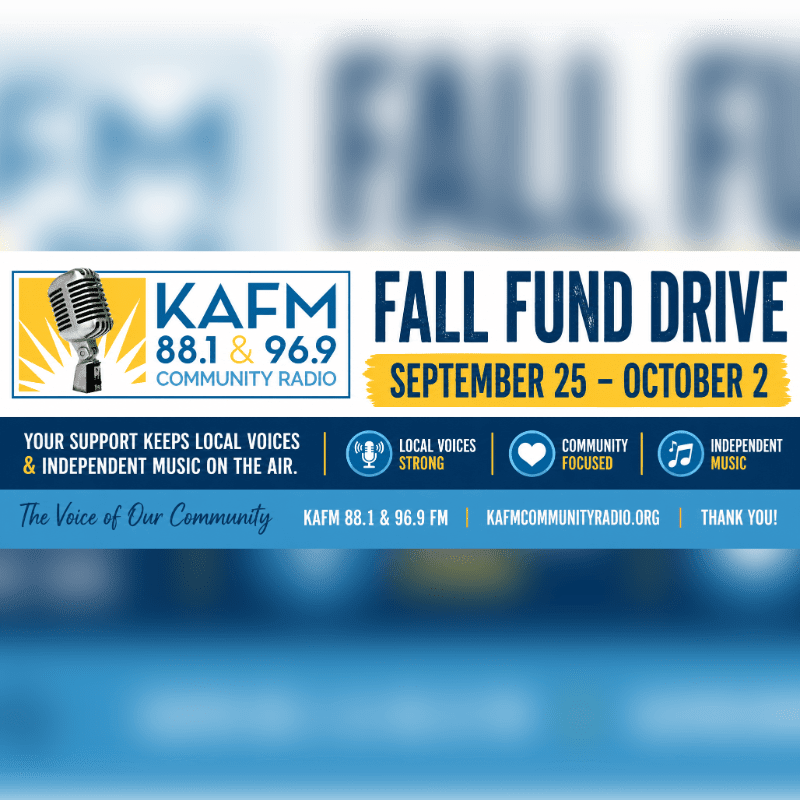 A vintage microphone and the KAFM logo are in the foreground, with a blurred "FALL FUND DRIVE" message in the background.