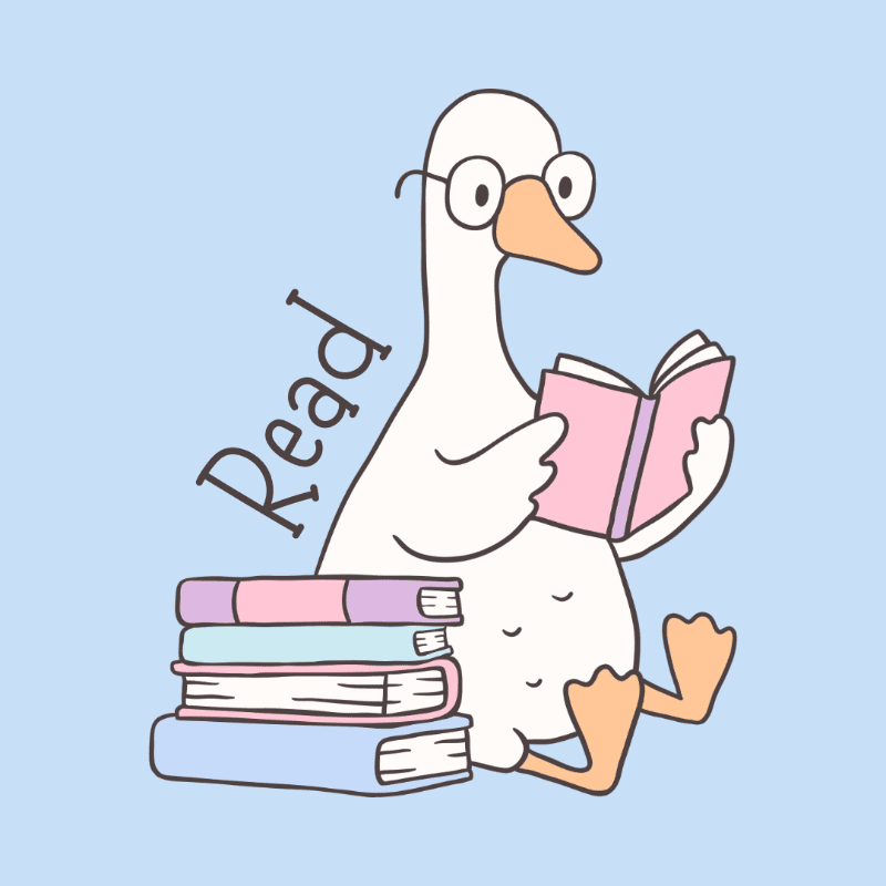 A white goose wearing glasses sits in front of a stack of colorful books, reading a pink book against a pale blue background with the word "Read" written in cursive.