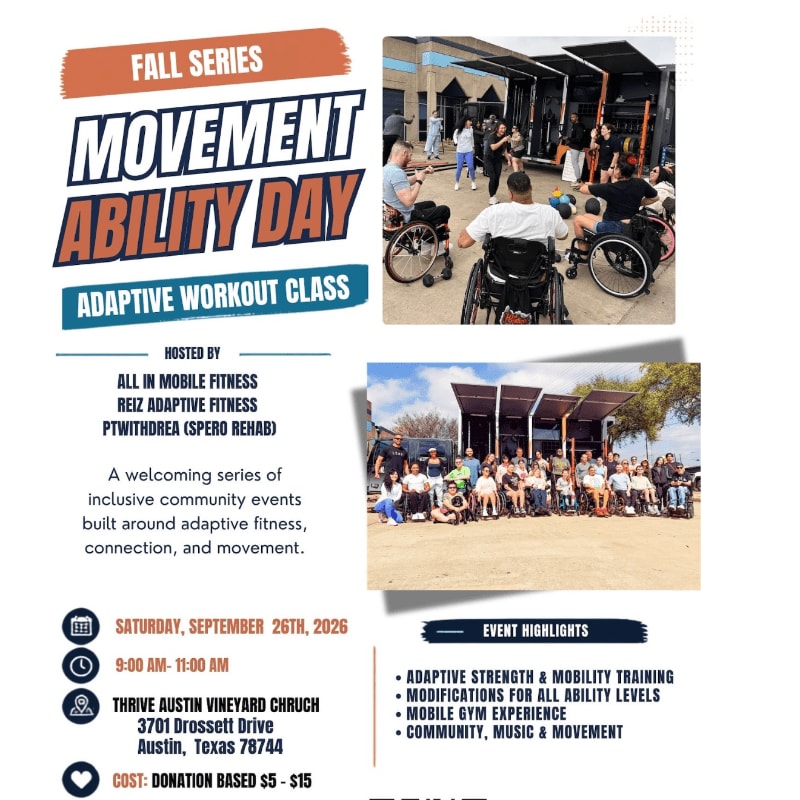 A flyer advertises a "Movement Ability Day" adaptive workout class with images of people in wheelchairs exercising and posing for a group photo in front of a building.