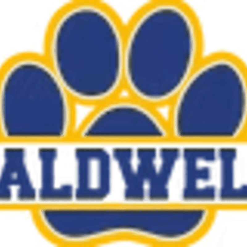 A blue paw print with a yellow outline sits above the word "ALDWEL" in white letters on a blue background, all framed by a yellow border.