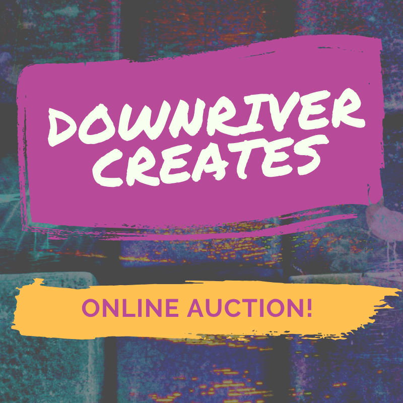 A vibrant purple banner with "DOWNRIVER CREATES" in white text overlays a textured background, with a smaller yellow banner below reading "ONLINE AUCTION!".