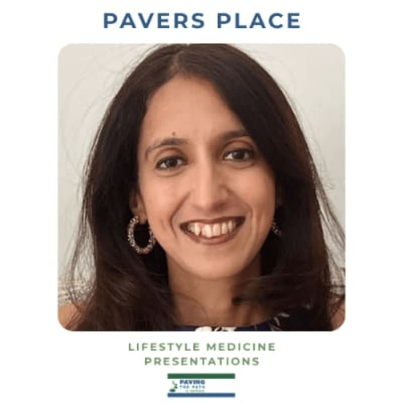 A smiling woman with dark hair and hoop earrings is featured in the foreground, with the text "PAVERS PLACE" above and "LIFESTYLE MEDICINE PRESENTATIONS" below.