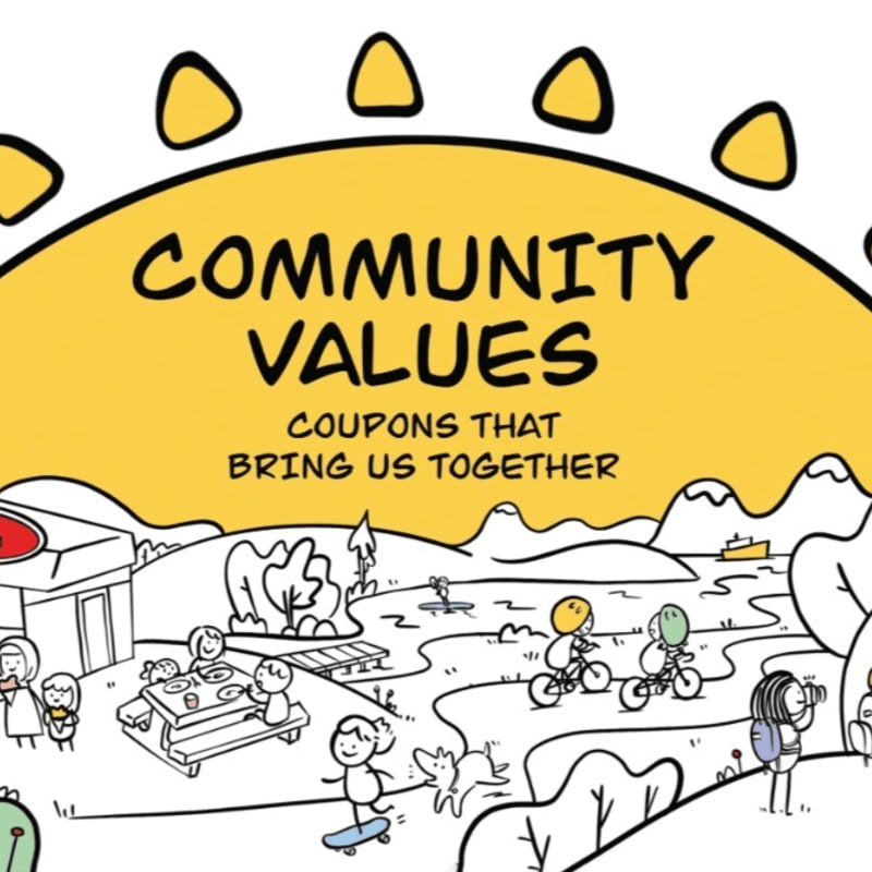 A bright yellow sun with "COMMUNITY VALUES COUPONS THAT BRING US TOGETHER" written inside it arches over a lively scene of people enjoying outdoor activities like picnicking, biking, and skateboarding, with buildings and distant hills in the background.