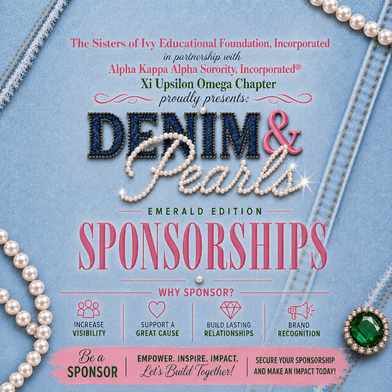 Pearl necklaces and a green jewel adorn the denim background of a flyer announcing "Denim & Pearls Emerald Edition Sponsorships" by the Xi Upsilon Omega Chapter of Alpha Kappa Alpha Sorority.
