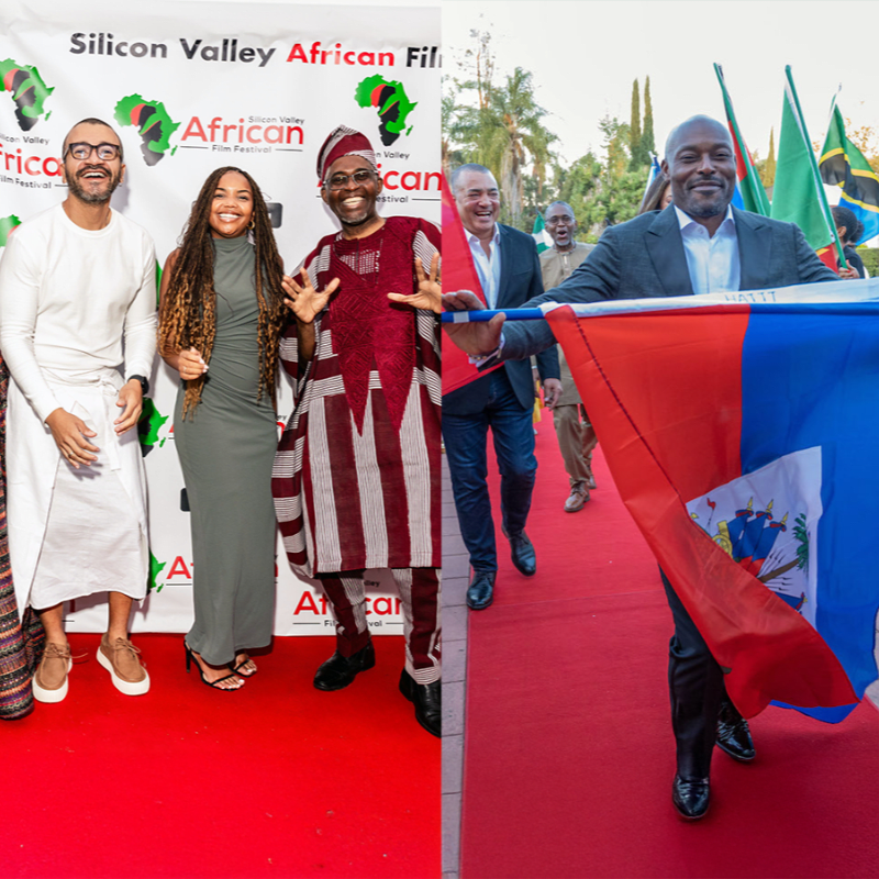 On the left, three people pose on a red carpet in front of a "Silicon Valley African Film Festival" banner, while on the right, a man waves a Haitian flag as he walks down a red carpet with other people in the background.