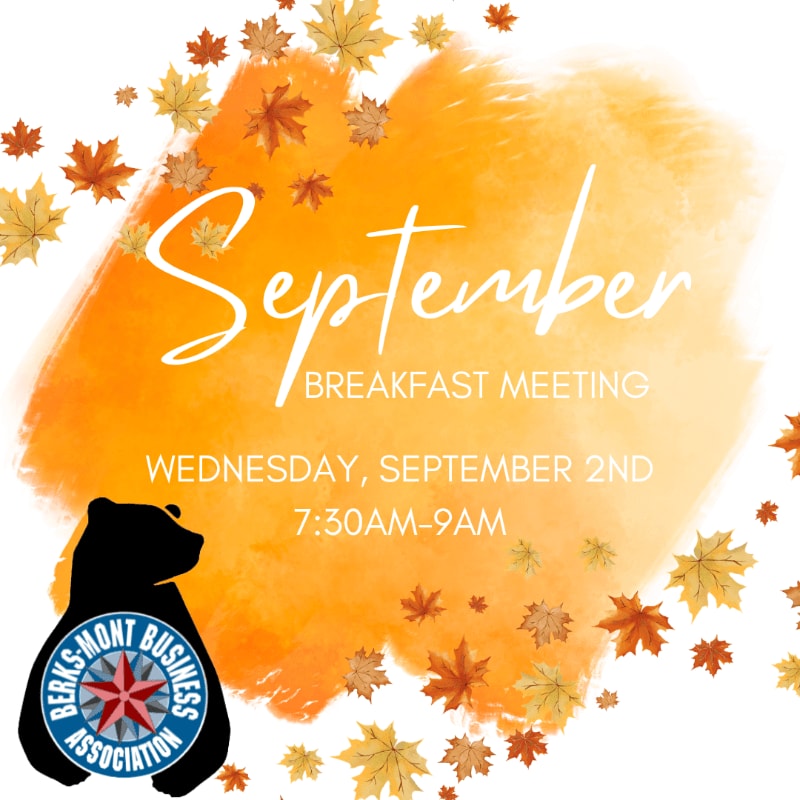 A black bear logo with a business association seal is in the foreground, set against a vibrant orange watercolor background adorned with falling autumn leaves, announcing a September breakfast meeting.