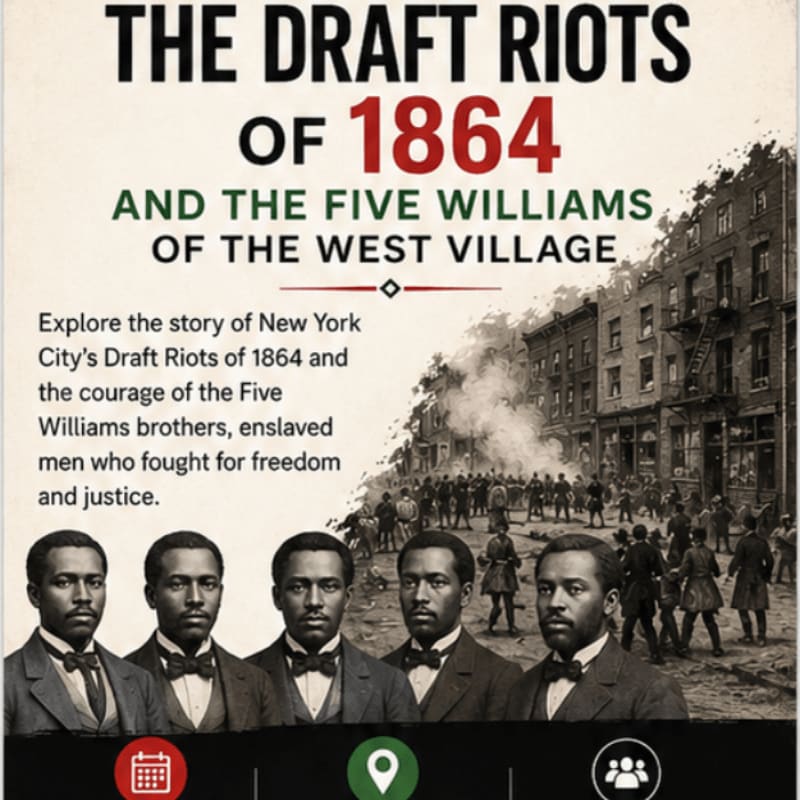 Five Black men in formal attire are in the foreground, with a chaotic scene of a historical riot in the background.