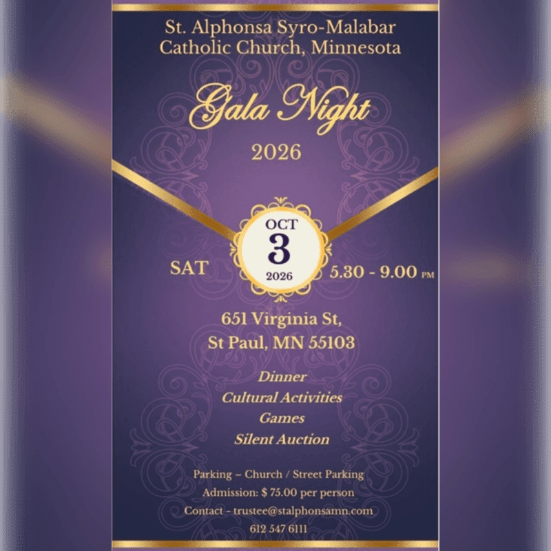 A purple and gold invitation for "Gala Night 2026" at St. Alphonsa Syro-Malabar Catholic Church in Minnesota, with ornate patterns in the background and event details in the foreground.