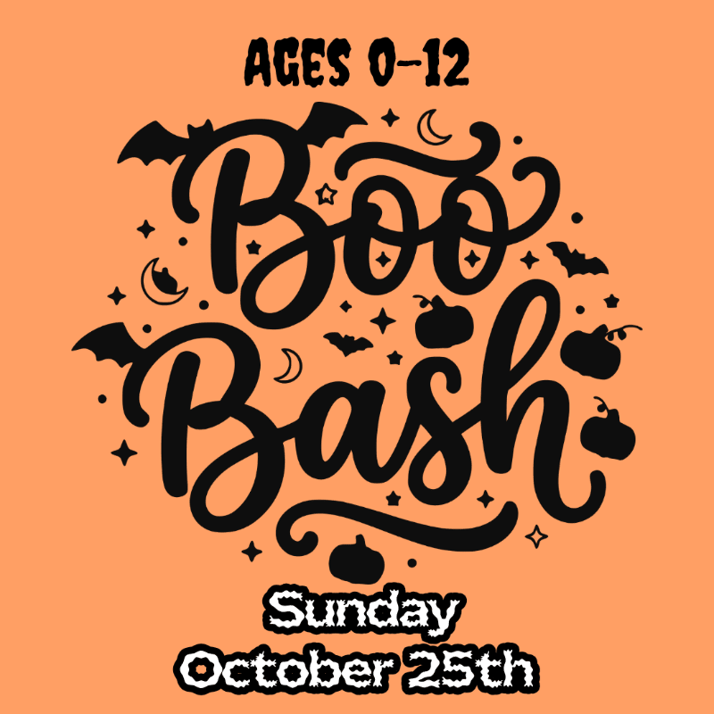 A black "Boo Bash" text with Halloween-themed graphics like bats, pumpkins, and stars is centered on an orange background, with "AGES 0-12" above and "Sunday October 25th" below.