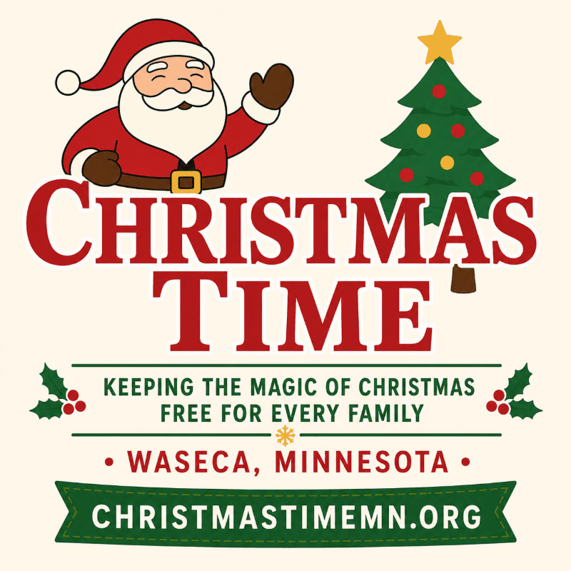 Santa Claus and a Christmas tree are in the foreground, with the text "CHRISTMAS TIME" and event details in the background.
