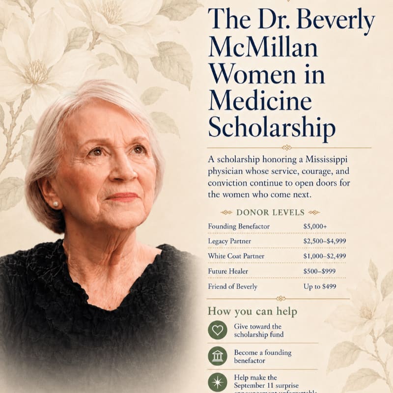 A portrait of an older woman with a soft smile is featured in the foreground, set against a background of delicate floral illustrations and text detailing the Dr. Beverly McMillan Women in Medicine Scholarship.