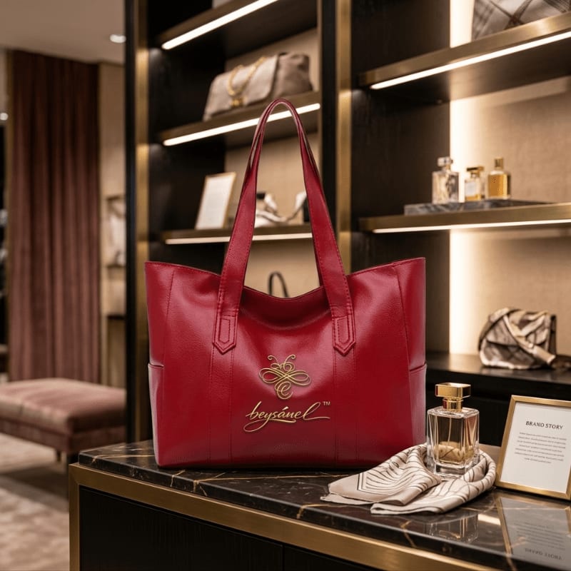 A red leather tote bag with a bee logo sits on a marble counter in front of a blurred background of a luxury store display.