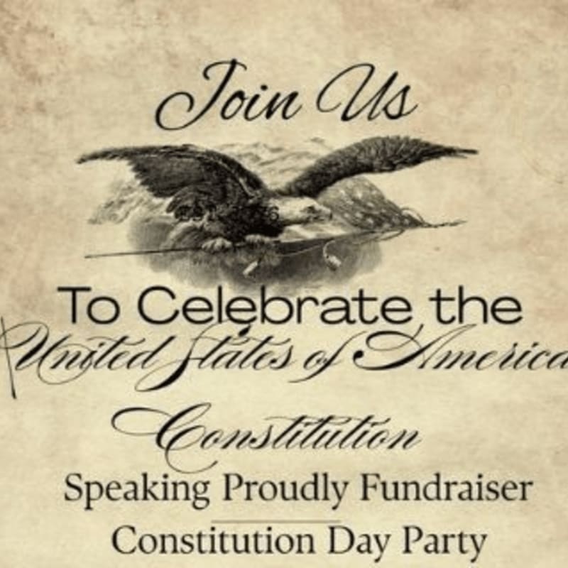 A vintage-style invitation features an eagle in flight in the foreground against a textured, parchment-like background with text announcing a Constitution Day Party.