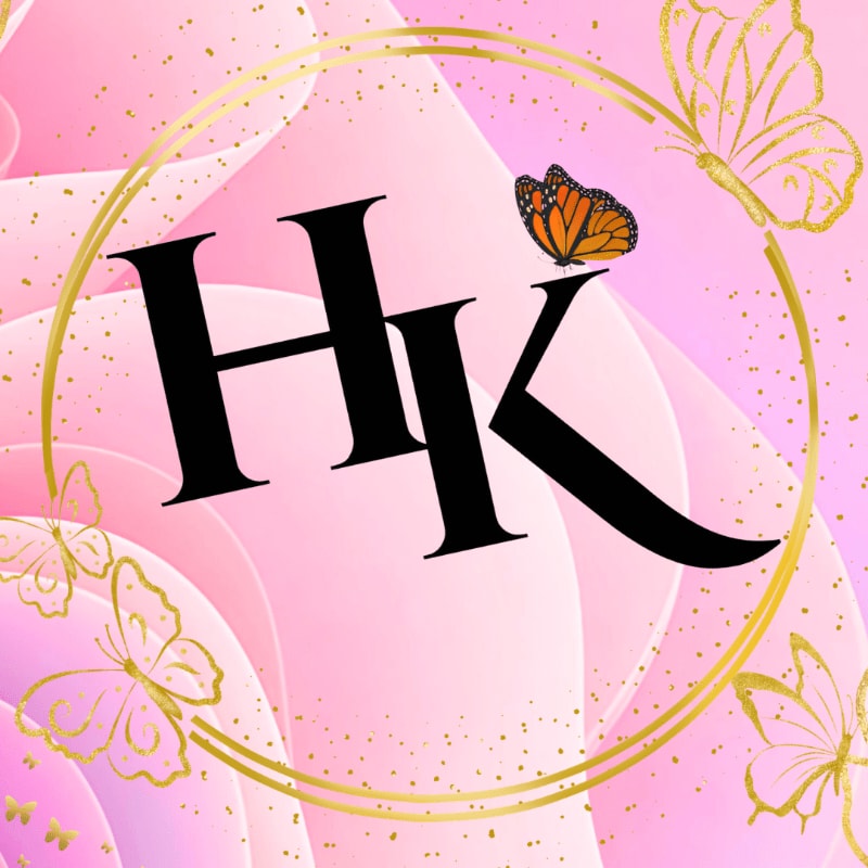 A black monogram "HK" with a monarch butterfly on the "K" is centered within a gold circle, set against a soft pink, wavy background adorned with gold glitter and butterflies.
