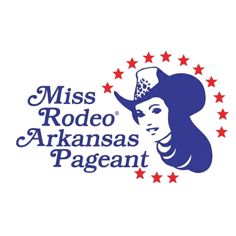 A blue silhouette of a woman wearing a cowboy hat is featured in the foreground, with the words "Miss Rodeo Arkansas Pageant" to her left, all set against a background of red stars.
