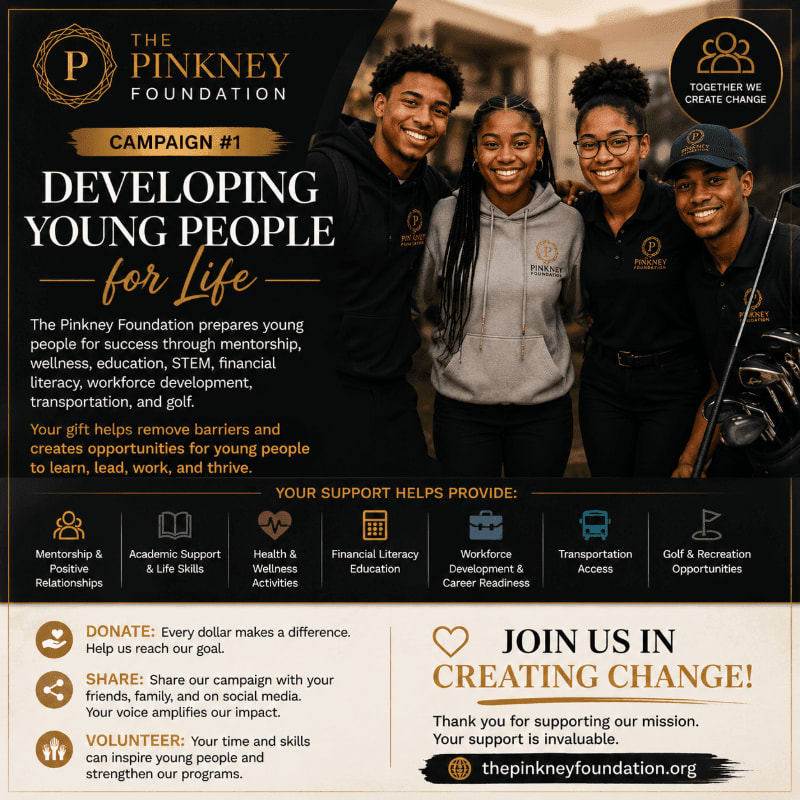 Four smiling young people stand in the foreground against a background of text and icons detailing the Pinkney Foundation's mission and programs.
