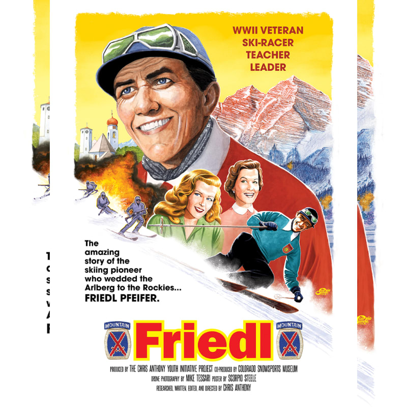 A smiling WWII veteran ski racer, teacher, and leader is featured in the foreground, with a snowy mountain landscape and skiers in the background.
