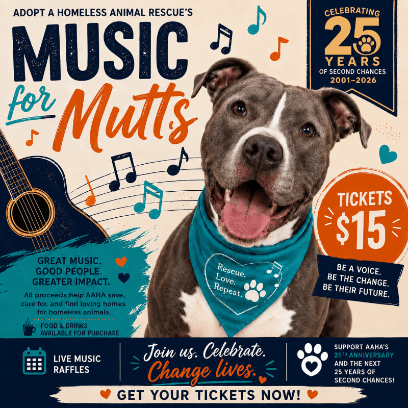 A happy pit bull wearing a bandana stands in the foreground with musical notes and event details in the background.