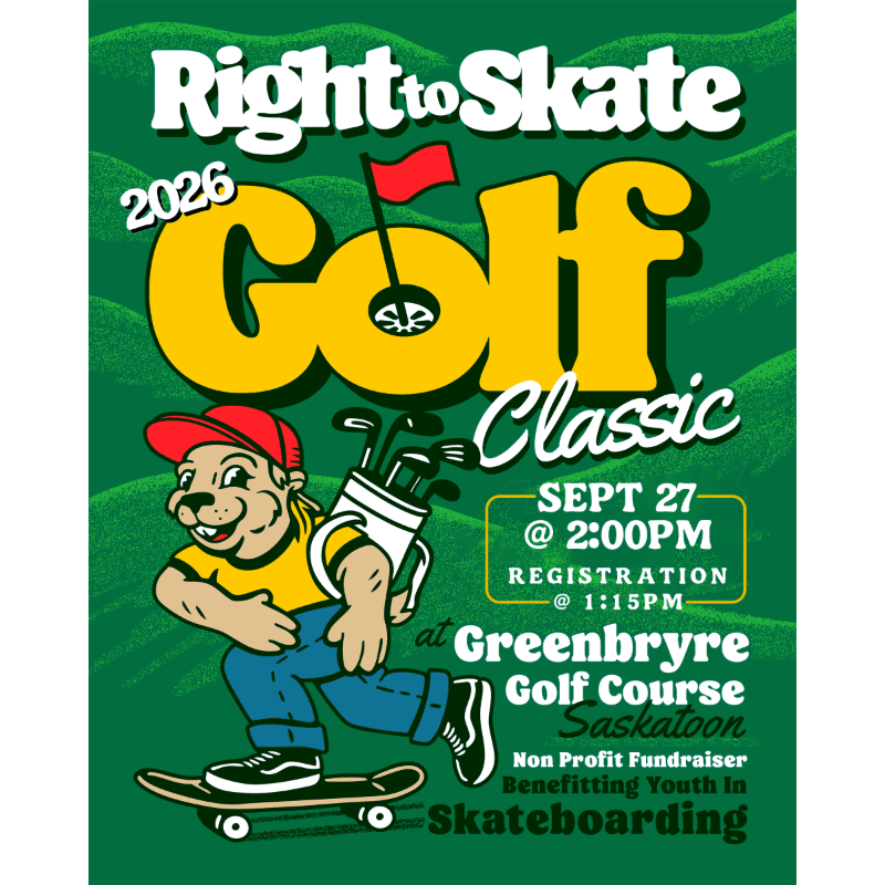 A cartoon beaver in a red hat and yellow shirt skates on a skateboard in the foreground, while the background features bold yellow text announcing the "2026 Right to Skate Golf Classic" with event details.